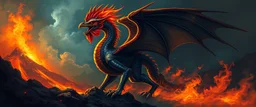 Neubraxas older than God fire and darkness volcano Haiti dragon with rooster head and serpent legs as a vision of the beginning of awakening within a dream of paint color and time