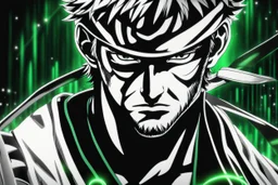 Zoro in 8k 2D anime realistic drawing style, one piece them, close picture, fantasy, neon, highly detailed, high details, detailed portrait, masterpiece,ultra detailed, ultra quality