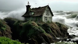 Home defying the fury of the sea: smoking chimney, ivy-covered roof and white windows amidst violent waves.