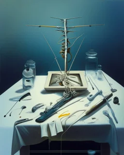 human body, universe-like table,complex surgical instruments mixed with human body-like musical instruments,minimalism,Painting By Adrian Ghenie, Rene Magritte, Lucian Freud