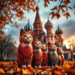 /imagine richly detailed Russian Matryoshka cats in vibrant hues, decorated with intricate patterns, positioned by size in front of Saint Basil’s Cathedral, surrounded by falling autumn leaves, glowing sky, cinematic warm tones, ultra-realistic 8K --v 7