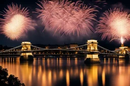 Chain Bridge Budapest, Danube, fireworks in the sky, smoke, dust, reflection at night in starshine