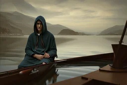 Modern man in a boat wearing hoodie by Andrea del Sarto