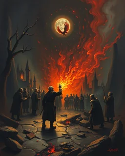 Bosch painting style nightmare people in hell fire