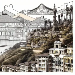 Skyline+city on inslands+Trainstation on cliff+Beaux Arts architecture mixed withVignola classicism +palladio+detailed facades+uphill road+trees+Bueno Aires genoa+trieste+biopunk+Book illustration by Gediminas Pranckevičius, Jean Baptiste Monge, Brian Kesinger, Anton fadeev, Kilian Eng, strong lines, high contrast vibrant colors, highly detailed, 16k resolution, trending on behance