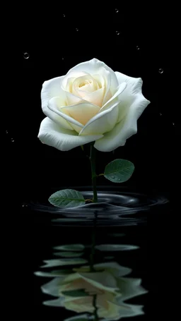 The image is a digital artwork that depicts a white rose with a branch in the center. The rose floats on the surface of the water, creating a wave-like effect. The background is black, which makes the white rose stand out even more. Water droplets are scattered adding to the dreamy, ethereal quality of the image. The a