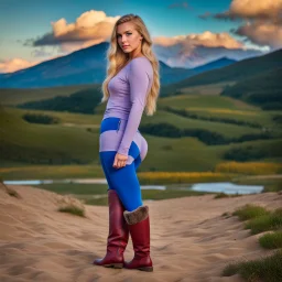 country side ,blue sky , mountains, pretty clouds ,small river with clear water and nice sands in floor,beautiful 18 year old girl with ash blonde hair and blue eyes with her curvy hair down, wearing a long-sleeved woollen top, and lilac long leggings, with long red boots full body standing pose shot