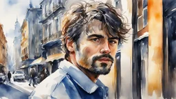 watercolor, portrait of a man in the city, impressionism, alcohol oil painting depicting a city, 32k resolution, hyper-detailed, fine details, fine rendering, airbrush strokes, 8k resolution concept art, hyper-detailed, complex detail