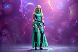 beautiful fuubody with long boots lady in sureal stage made of fractal random size sphers with helical strip colors in clothing similar to environment fullbody posing to camera