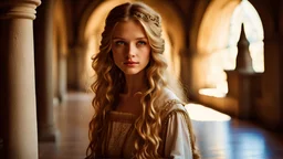 High resolution sharp focus Closeup of a beautiful slender 17 year old caucasian girl. Her long thick wavy hair is light brown. She is wearing a medieval dress. She is inside a castle hallway. She is staring at the viewer.