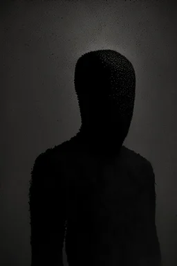 Background is dark grey, almost black. There is a head and torso silhouette looming in the picture, completely masked by a black spongy suit.