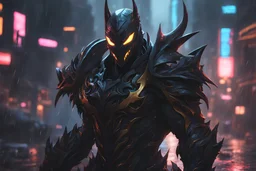Hecarim venom in 8k solo leveling shadow artstyle, machine them, mask, close picture, rain, neon lights, intricate details, highly detailed, high details, detailed portrait, masterpiece,ultra detailed, ultra quality