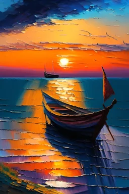 Paint of Boat at the sea with sunset