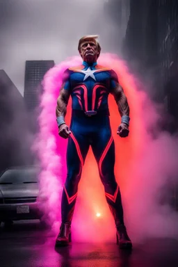 Extremely Muscular, Donald Trump as 'Maga Man,' Extremely Muscular, overly exaggerated muscles, Skintight, formfitting bodysuit, cape, boots, Multicolored vortex, multicolored lightning, neon lit futuristic cityscape, mist, fog, speed, extremely overexaggerated musculature, "MAGA MAN"