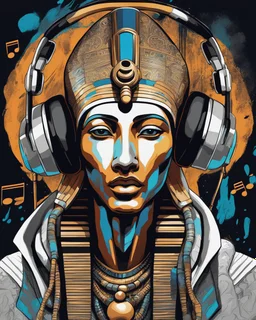 Illustrative sketch of Pharaoh Akhenaten in music with headphones, contrasting colors, ultra quality, hyper detailed, graffiti, concept art, maximalism, 8k