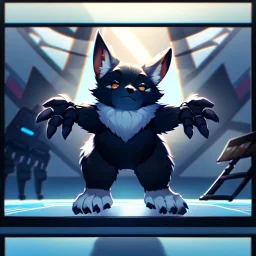 a fox fursona, darker colors, master quality, backlighting, soft lights, full body portrait, in frame, 8k, furry, fur, dark color pallet, robotic arm, cyberpunk, anthropomorphic, perfectly drawn face, well drawn paws, well drawn hands, furry hands