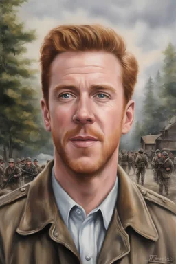 Band of Brothers, 29-year-old Damian Lewis, Oil on Canvas by Thomas Kinkade - 4k UHD, Ultra-realistic, Hyper realistic, Photorealistic, Realistic, absolute Reality