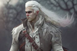 A Fantasy Human, a white masculine human with white hair. Lots Battle Scars. Full body. Brown Military clothes. HD