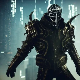 badass wearing a broken mask, evil king in black metal armor, futuristic suit, emperious, 8k resolution concept art, cyberpunk 2077