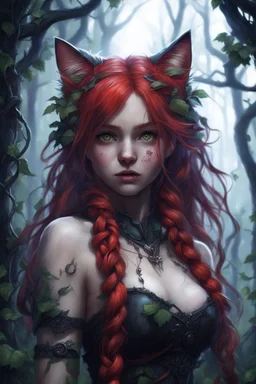 CAT GIRL, FANTASY, FORESTY, VINES, SOULLESS, FLUFFY TAIL, RED HAIR, BRAIDS, METAL