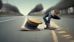 frenchman stomping on a hat that is laying on the road