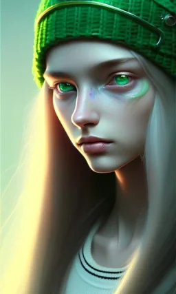 girl, cute, beautiful, long hair, wavy hair, green hair, blue eyes, green beanie, green coat, black tee shirt, green shorts, head and shoulders portrait, 8k resolution concept art portrait by Greg Rutkowski, Artgerm, WLOP, Alphonse Mucha dynamic lighting hyperdetailed intricately detailed