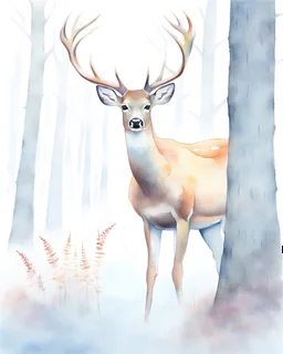 deer with antlers standing sideways, looking at viewer, realistic water color painted, among tall simplified tree trunks, foggy, pastels, colorful