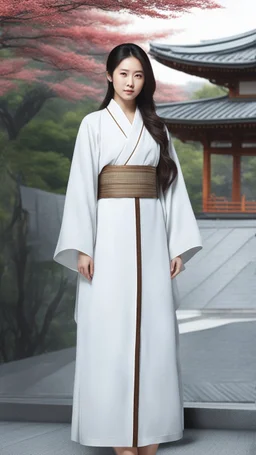 4K Photorealism : 30 year old Asian woman with a full body with a proportional body, symmetrical face, precise clean brown eyes, long flowing hair, precise chest accentuation, showing typical Japanese clothing