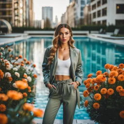 fullbody shot of young-beautiful-girl-with-a-perfect-face-with-make-up-wearing- sport pants and jacket standingnext to a big Square with a flowers and small round pool with clean water in center , modern city scape environment .