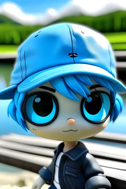 Ein Junge mit halb schwarzen Haaren und halb hellblauen Haaren eine weiss und hellblaue fischermütze und eine Sonnenbrille chibi stile