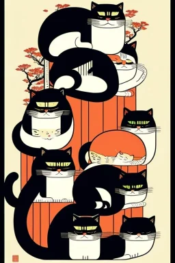  a group of cats that are on top of each other, a poster by Nōami, ukiyo-e, anime aesthetic, minimalist.