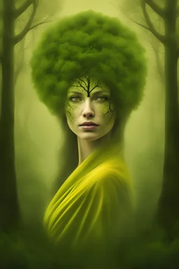 planet earth as a middle aged woman. front facing. the face has the texture of roots. leaves, cobwebs. very smooth colors, forest green and yellow. bordeaux. fog, mist