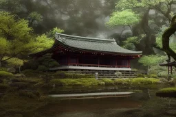 a ancient japanese temple in the middle of a forest mear a small river, extremely highly detailed, high quality, 8k hdr, octane render, unreal engine 5, hyperrealistic, concept art, trending on artstation, dramatic lighting, cinematic, high coherence, path tracing, ruins, clouds in the sky, singular building, centered