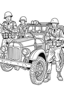 Outline art for coloring page OF 1944 ARMY TOYS, coloring page, white background, Sketch style, only use outline, clean line art, white background, no shadows, no shading, no color, clear