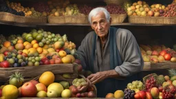 elderly male market trader selling many different types of fruit, showing his head and upper body, perfect eyes, perfect anatomy, exquisite composition, beautiful detailed intricate detailed octane render, 8k artistic photography, photorealistic, soft natural volumetric cinematic perfect light, chiaroscuro, award-winning photograph, masterpiece, raphael, caravaggio, bouguereau