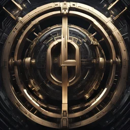 create me a large letter H encased in a thin round, ornate golden ring. mechanical futuristic space cyberpunk style. extra electrical and pneumatic details, robot arms, laserguns. think dyson sphere, warp core, plasma couplings, maybe on the side of a spaceship. background should be #000000 full black. the H should be at least 2/3 the size of the image.