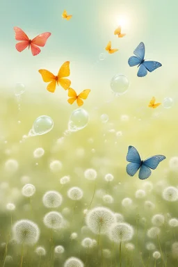 Butterflies and bubbles going up to the sky through a field of dandelions