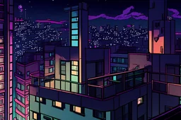 roof top balcony apartment view of a vampire city lights cartoon