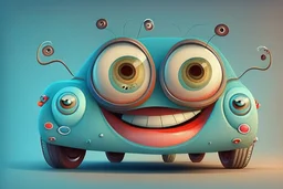 whimsical cartoon car with big eyes and a friendly smile