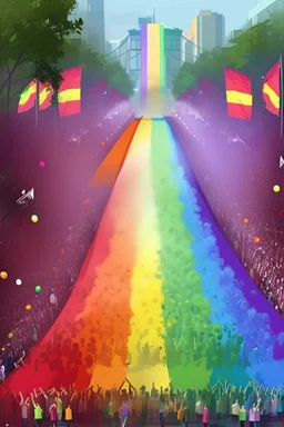 Painting by a huge pride parade after legalization of same-sex marriage