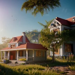 Cartoon pet with a smiley looking at a small house|mdjrny-v4 style| wide angle| intricate detailed| hyperrealistic| cinematic lighting| cinematic colors|hdr | unreal engine