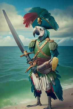 Half parrot half human in a 1700s military uniform holding a sword next to the ocean