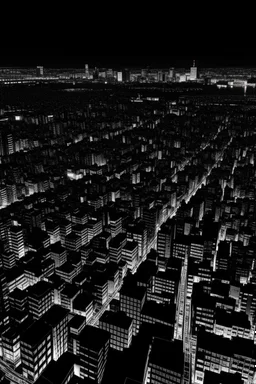 looking down on tokyo at night black and white in the style of hiroku ogai lookin at rooftops rfrom above