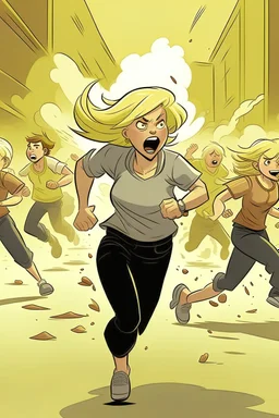 a fat terrified blonde woman running away from an angry mob