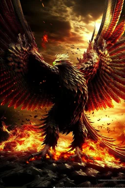 Create a ultra high definition and photorealistic image, 12k quality of a beautiful phoenix, majestic and strength showing, emphasis on texturized claws, upclose with a front view flying towards the camera, centre of an explosive and chaotic background scene of Armageddon where he is followed by demon like dark clouds in persuit trying to grab him, phoenix has striking eyes and determined look, majestic wings folded inwards in flight, bright auburn, black, white, grey and yellow colours, gothic