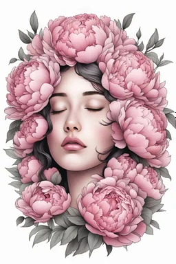 big beautiful bouquet of peonies all around her face, her eyes are closed and dreaming peacefully, only her face shows, her face fully covered by the bouquet of peonies, use black outline with a white background, clear outline, no shadows