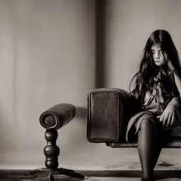 photography national geographic style girl sits on leather armchair.