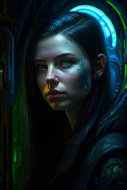 hyper real oil painting on canvass of brunette pierced cyberpunk Malkavian vampire chat robot portrait with clear blue-green eyes in moon light feeling in control in goth ruins Giger patterned background, zeiss prime lens, bokeh like f/0.8, tilt-shift lens 8k, high detail, smooth render, down-light, unreal engine, prize winning