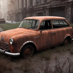 an Audi rust 2-door overgrown by with ice ,ultra realistic,concept, 4k ,on street,8k resolution, high-quality, fine-detail, parked in crowded city winter