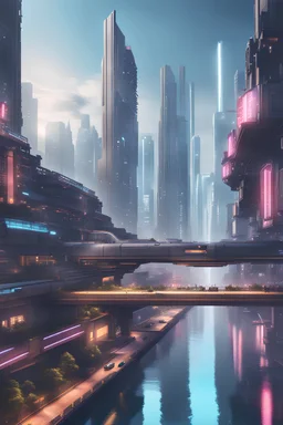 a large river in a modern city world, large buildings, cyberpunk style